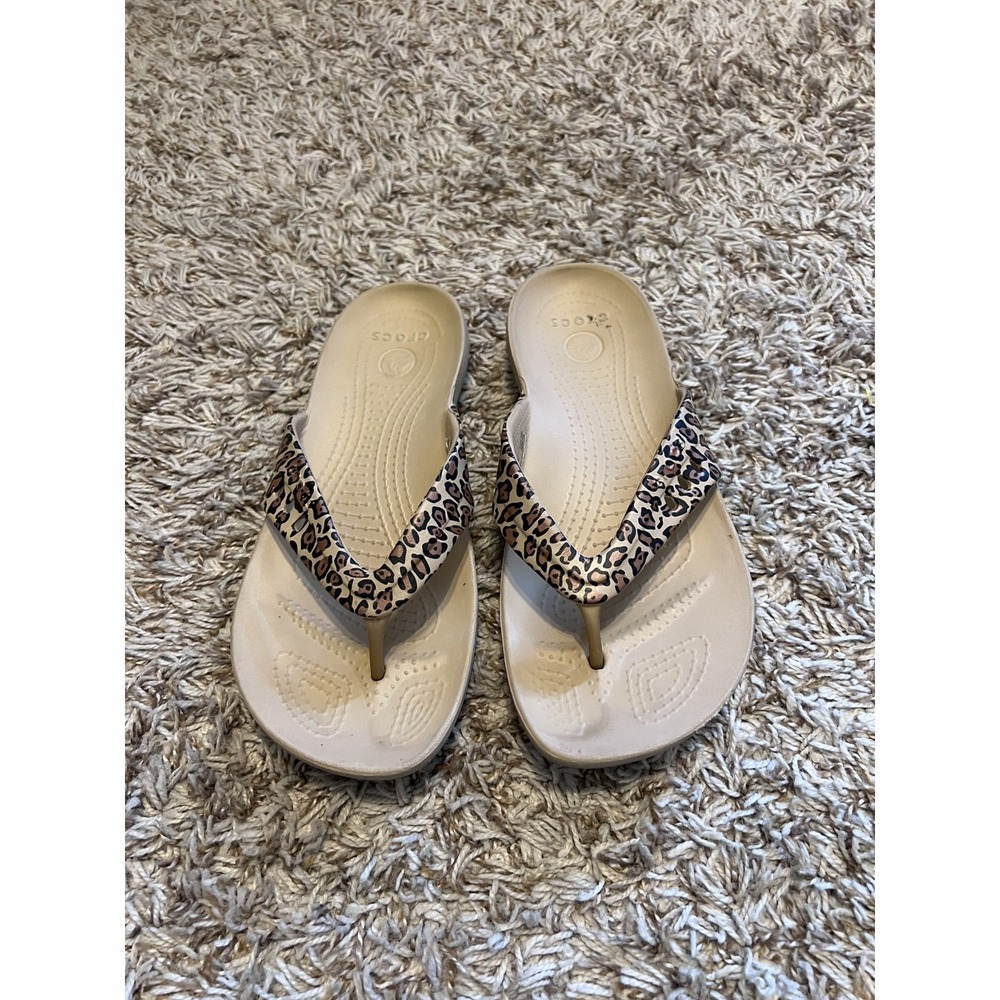 Crocs Kadee II Tan Leopard Slip On Flip Flop Sandals Women's Sz 7 Resortcore